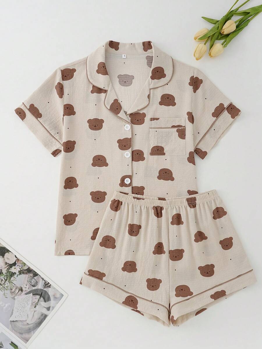 2pcs Women Casual Short Sleeve Top And Shorts Pajama Set, Bear Print Minimalist Basic Style, Suitable For Home & Outdoor Wear, Spring/Summer - Apricot - View 1