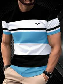 Camiseta casual de verano para hombres - a rayas en negro, blanco y azul, manga corta, cuello redondo, ligera y transpirable, ropa para exterior en primavera y verano, camiseta casual | Camisa casual deportiva | Camisa de ajuste cómodo