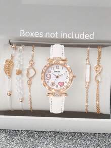 6 Stück/Set Quarz Sternenhimmel Zifferblatt Uhr mit PU Lederarmband und Seil mit schwarzen Perlen Liebe Armband, schwarze geometrische quadratische Figur, Blatt 5-teiliges Set, geeignet für den täglichen Lässig-Stil, einfach und elegant, die beste Wahl für Halloween, Weihnachten, Valentinstag, Muttertag, Urlaubsgeschenke