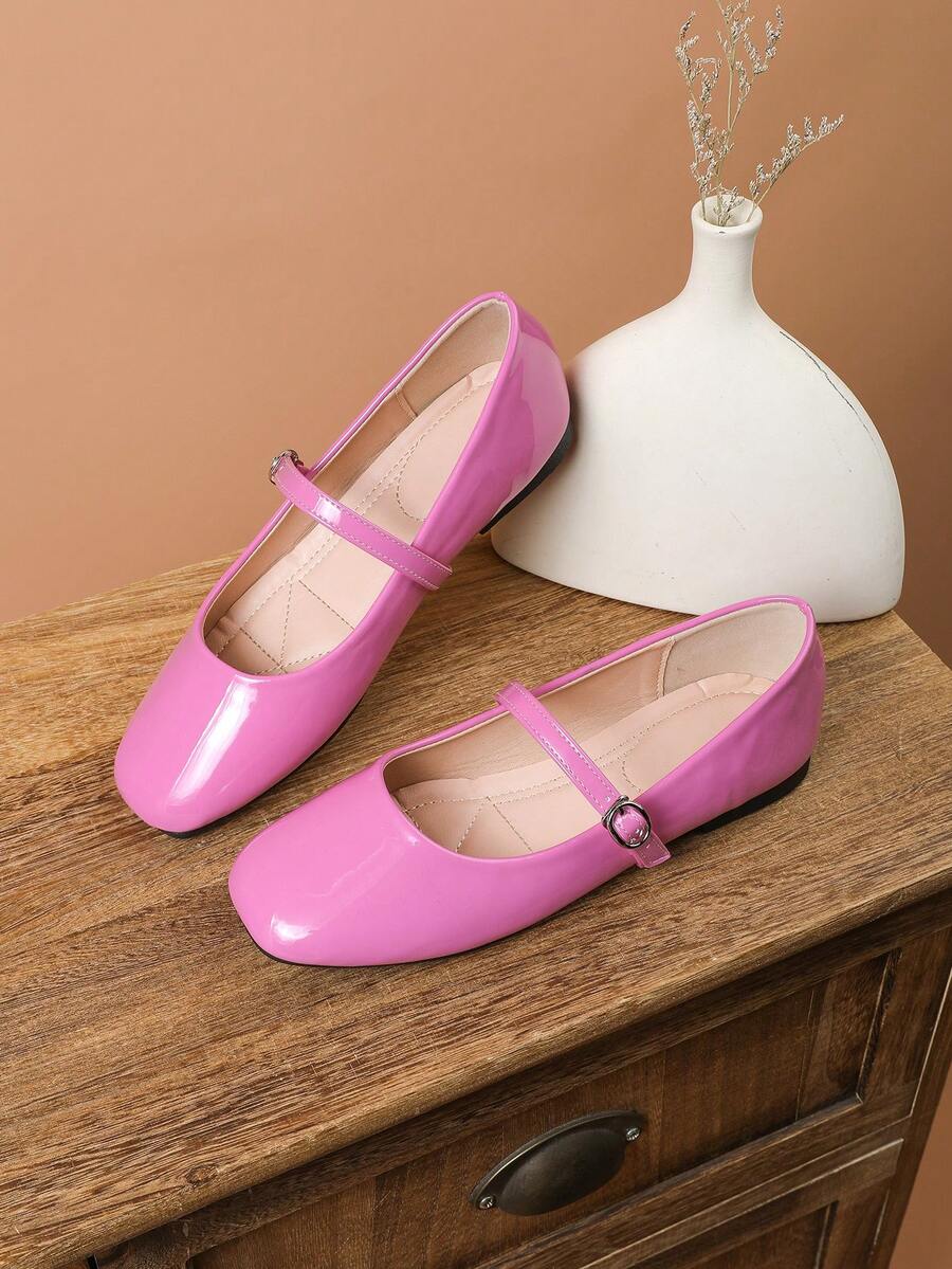 Women's Fashion Square Toe Low Vamp Rose Red Shoes, Office Casual Versatile Shoes, Outdoor Leisure High-End Elegant Mary Jane Shoes, Spring/Summer