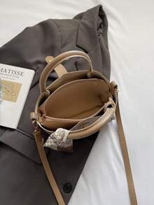 1pc Fashion Minimalist Clasp Closure PU 2-In-1 Shoulder/Crossbody/Handbag With Scarf, Suitable For Daily Use - Khaki - View 6