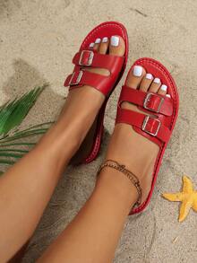Sandalias planas para mujer, estilo romano de verano con puntera abierta y doble tira, sandalias planas ajustables antideslizantes, cómodas zapatos de verano, adecuados para uso diario, diseño de puntera abierta de moda, transpirables, versátiles sandalias casuales que combinan con cualquier outfit - Rojo - Ver 3
