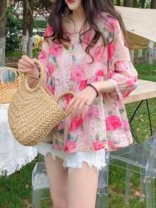 YUXIN 宽松可爱三分袖圆领衬衫，时尚蝙蝠袖碎花衬衫，适合夏季 - 玫紅色 - 查看 4