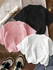 Set de 3 camisetas de manga corta de verano para niña preadolescente, con estampado de leopardo y corazón, de estilo informal y combinables