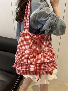 休闲格子抽绳褶边大容量单肩托特包，女士购物袋 - 彩色 - 查看 9