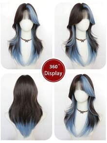 XIXISNOW Synthetic Hairpieces Wavy Layered Wigs With Bangs Blue High 24inch For Beginners Daily Party Use Young - Blue Highlight - View 7