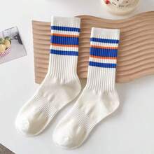 3/8/15pcs White Striped Sports Mid-Calf Socks For Women, Korean Style Long Tube Socks, Ins Style, Suitable For Spring And Autumn