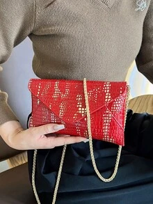 Crocodile Grain Envelope Bag, Korean Style Shoulder Messenger Chain Wallet - Red - View 2