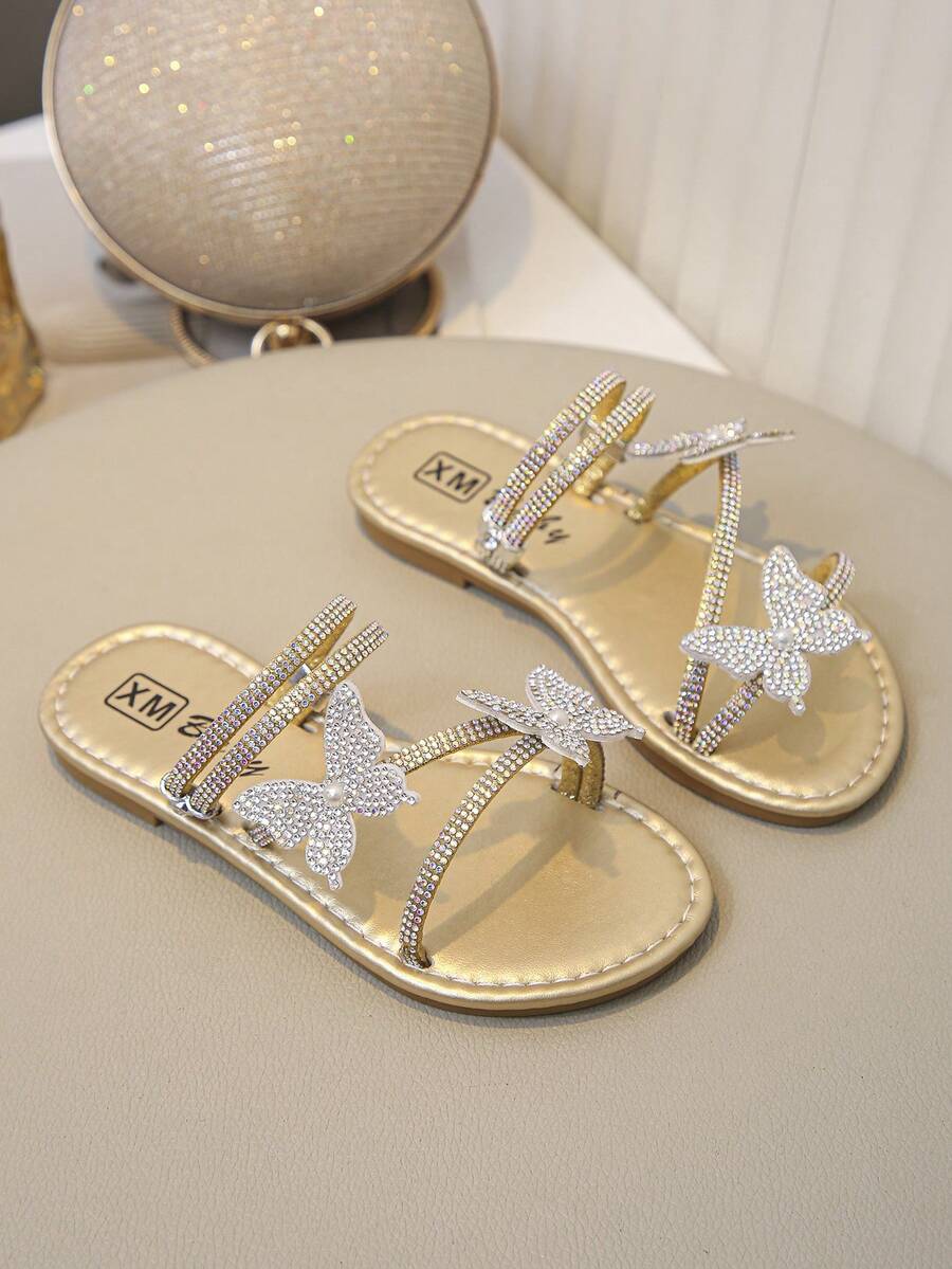 Sandalias de verano para niñas, con decoración de mariposa, zapatos de princesa con rhinestones de colores, zapatillas planas de dedo redondo para playa, apropiadas para uso diario, vacaciones en la playa, chanclas (textura de botón aleatoria) - Oro rosa - Ver 1