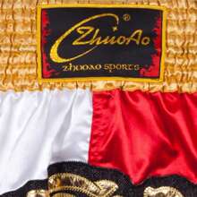 Red And White Muay Thai Shorts, Boyfriend Style Patchwork Embroidered Boxing, Fighting And Combat Shorts, Training Gym Team Pants