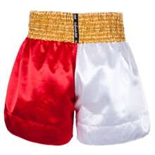 Red And White Muay Thai Shorts, Boyfriend Style Patchwork Embroidered Boxing, Fighting And Combat Shorts, Training Gym Team Pants