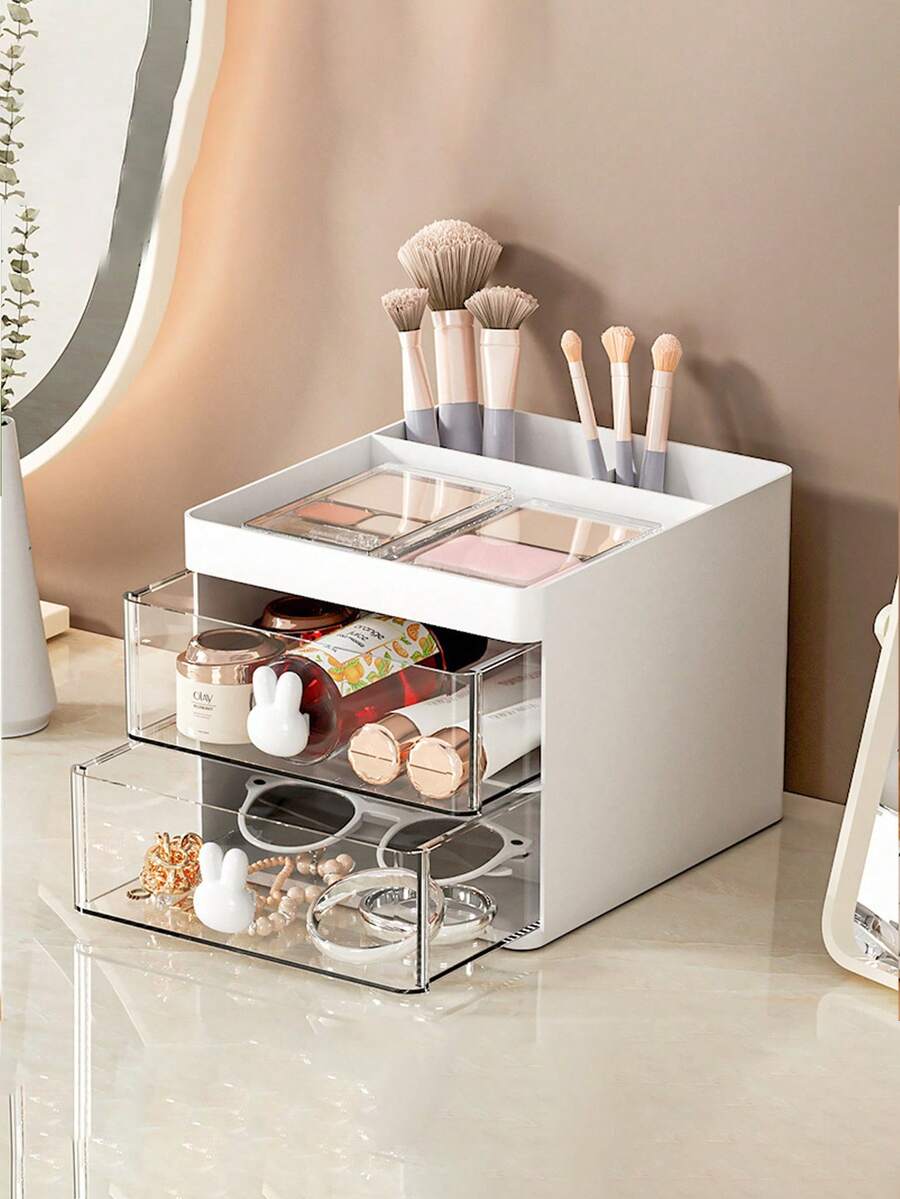 1pc Small Drawer Home Desktop Drawer Storage Box Creative Pen Container Storage Box Stationery Organizer Box Storage Box, Work Position Shelf On The Desk, Women's Dresser Cosmetics Storage (Pink, White),For Holiday Beach, Bathroom Collection, Bedroom Collection, Large Capacity - Multicolor - View 1