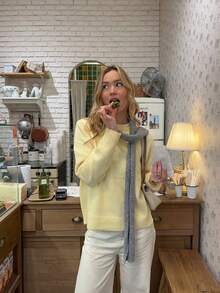 新款纯色针织套头衫，百搭针织衫，适合日常穿着，秋冬季节及新年穿着。 - 黃色 - 查看 3