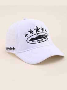 1 Berretto da baseball in rete con ricamo a cinque punte, regolabile, cappello casual per protezione solare da esterno per primavera/autunno, viaggi, spiaggia, vacanze, stile unisex Y2K