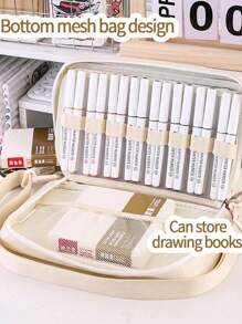 1pc Marker Pens Storage Bag Pencil Case Transparent Front Multi Slots Easy Carry-On Handle, Large Capacity For 64 Brush Marker Pens, School Student Art Supplies
