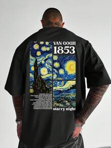 Camiseta de ocio para hombres con impresión de homenaje a la Noche Estrellada de Van Gogh - Cómoda, transpirable, lavable aáquina, camiseta de cuello redondo de manga corta a para actividades en casa y al aire libre, ropa cómoda de primavera y verano - Negro - Ver 4