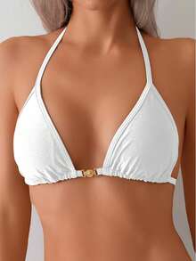 New Solid Color Chain Decor Sexy High Elasticity Shiny Fabric Halter String Women Swimsuit Set