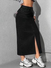 Women Casual High Waist Denim Maxi Skirt With Side Slit And Pockets - Black - View 1