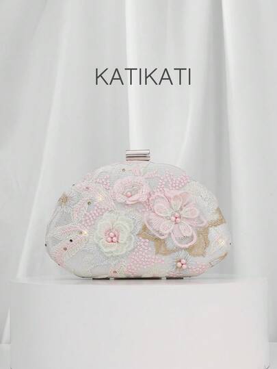 优雅时尚 3D 花朵和铆钉装饰晚宴手提包女士亮片刺绣花卉云包，时尚精致的 Seguin 拼布手提包，亮片手拿包，闪光晚宴包，适合派对、婚礼、礼品巡游、约会、度假。（图案位置随机剪裁）夏季包、沙滩包、度假、节日珍珠包