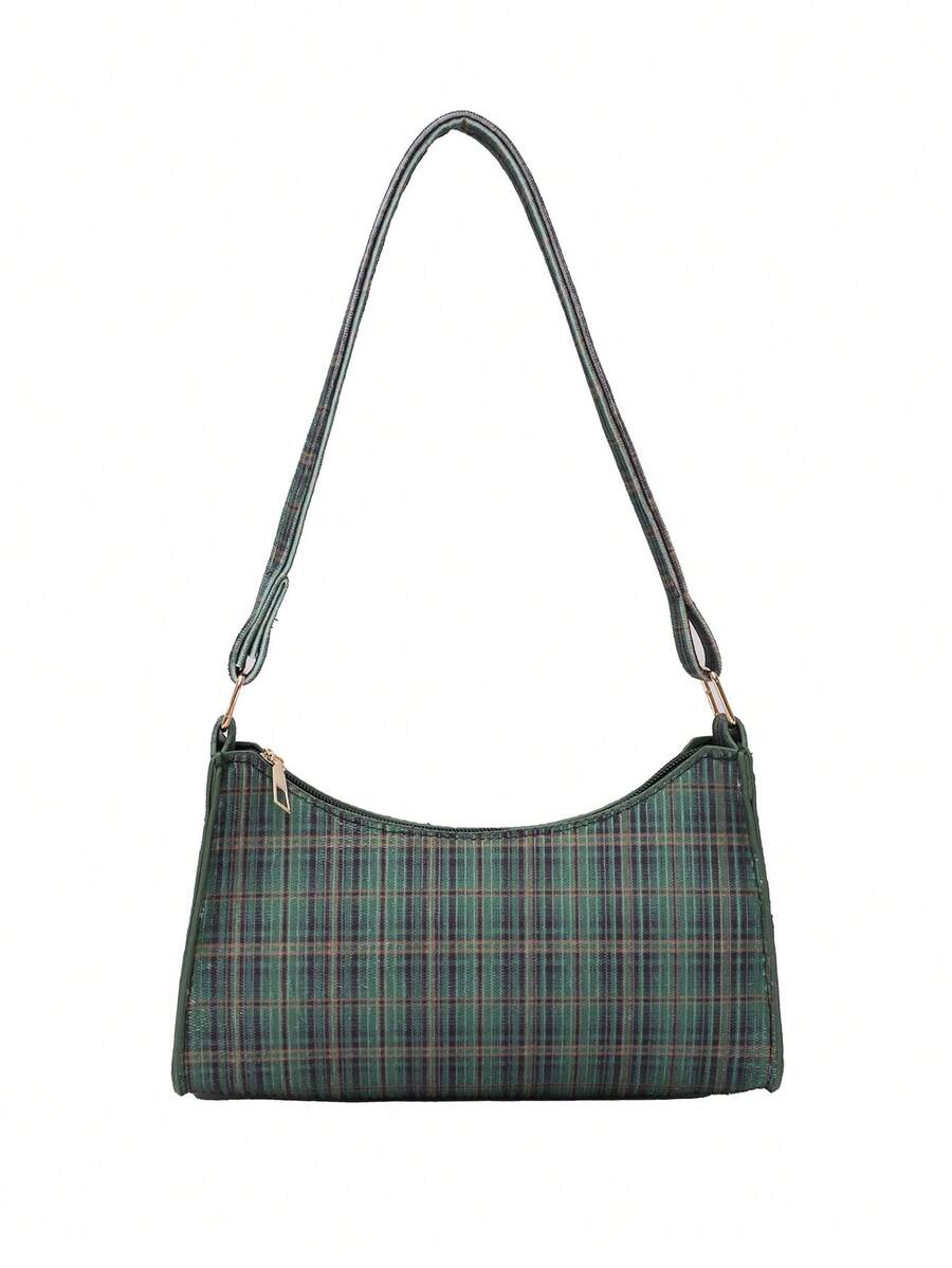 Solid Color Embossed Geometric Shoulder Bag, Zipper Underarm Women's Shoulder Bag, Fashion Retro Zipper Bag, Casual Waterproof Handbag For Teen Girls, Women, College Students, Rookies & White-Collar Workers, Perfect For Office, Work, Business, Commute, Best Work Bag For Women - Green - View 1