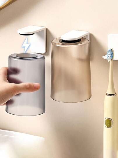 2pcs Magnetic Upside-Down Mouthwash Cup Transparent Simple Toothbrush Cup Household Wash Cup Wall-Mounted Brush Cup Storage Rack With Quick Design Magnetic Hanging Toothbrush Cup - Transparent Waterproof Bathroom Organizer For Wall-Mounted Storage, Modern Home Decor, Countertop Essentials, Small Space Solutions And Travel-Friendly Bathroom Accessories | Space-Saving Sanitation Holder For Sink Area, Wash Basin Units, Dormitory And RV Bathrooms