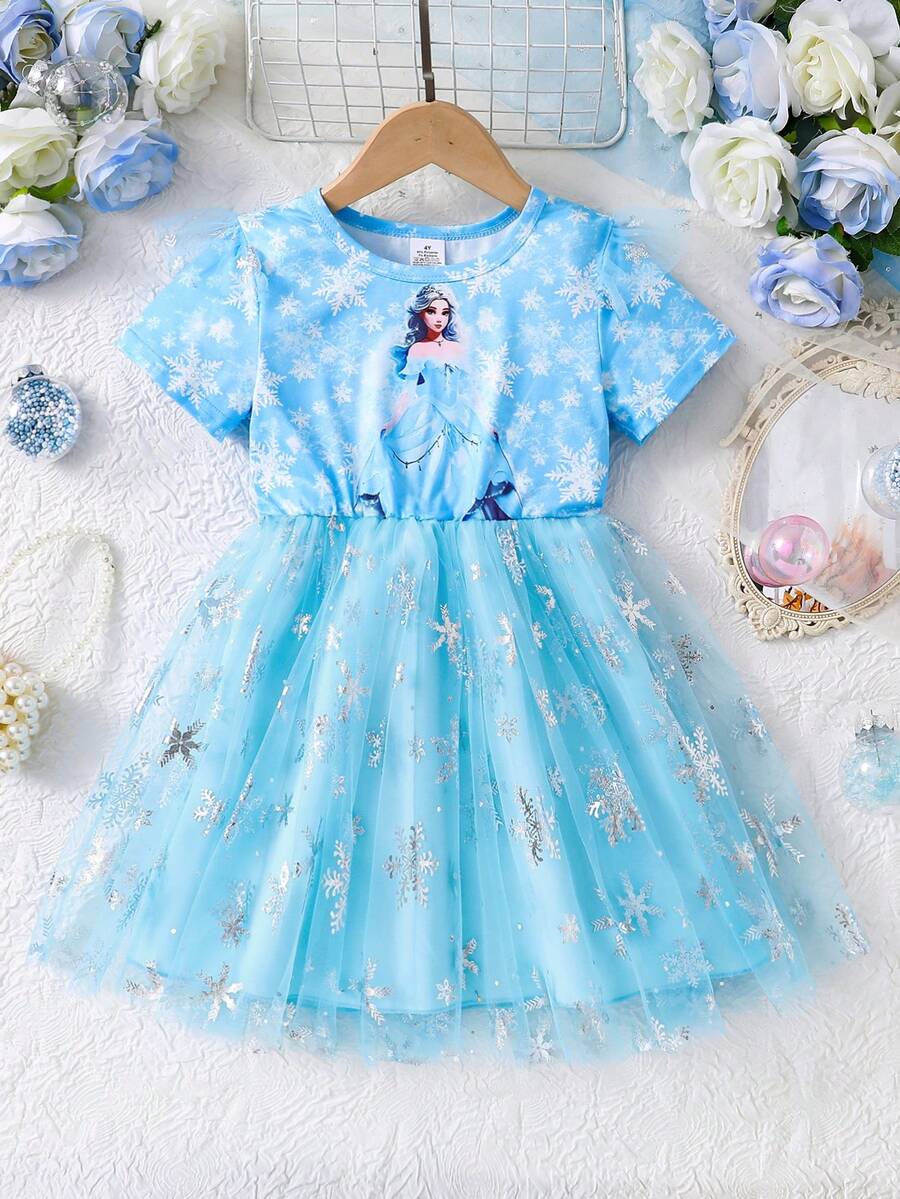 Váy mùa hè tối giản thời trang cho bé gái, váy midi buộc eo in họa tiết bông tuyết cổ tròn tay ngắn bằng lưới xếp ly, thoải mái, giản dị, mềm mại và đa năng cho bé gái - Màu xanh lam - Xem 1