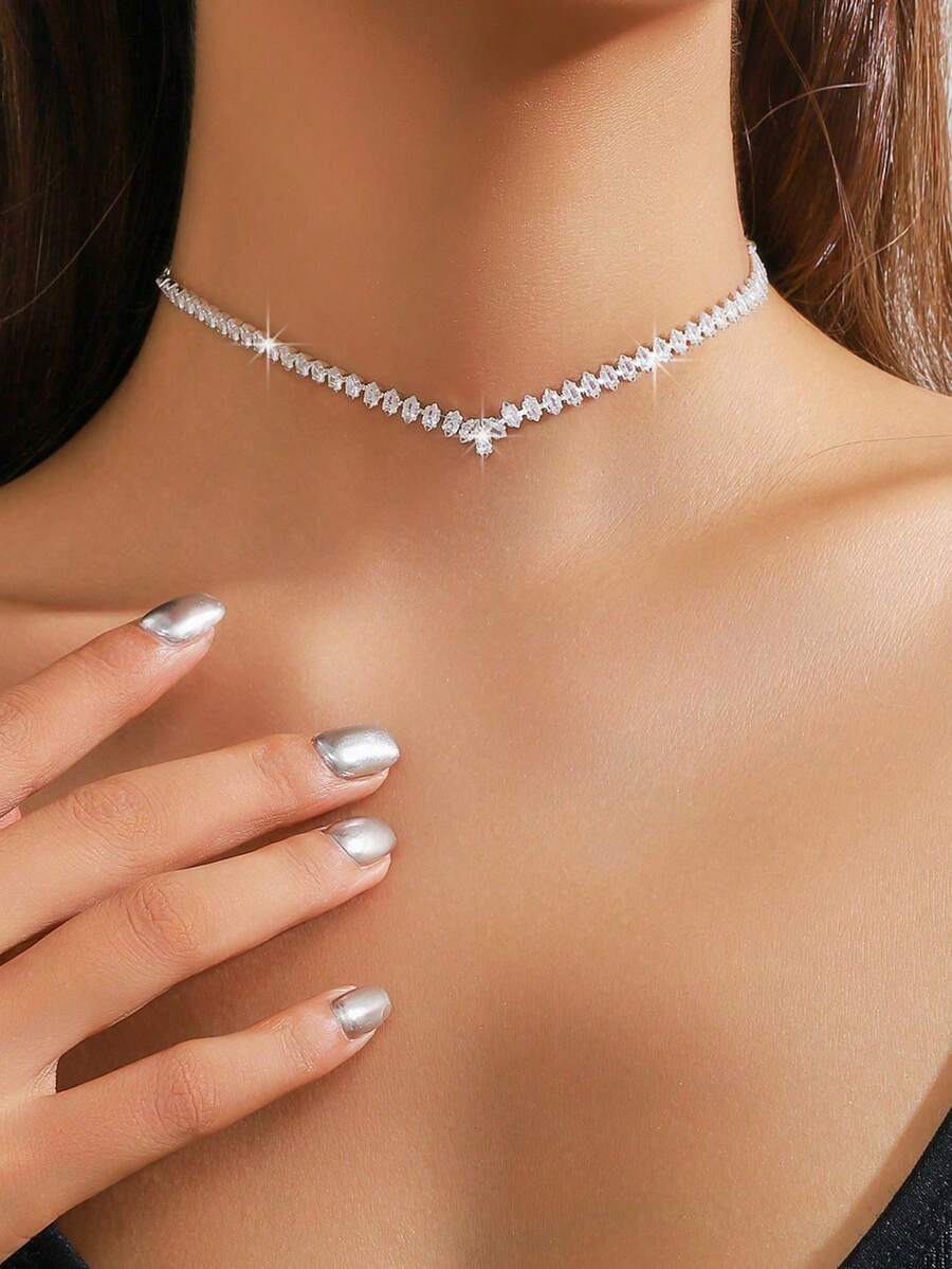 1pc Women Geometric Zirconia Stone Necklace, Versatile For Daily & Evening Dress Accessories - Silver - View 1