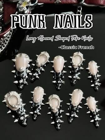 Diseño original, hecho a mano, 10 uñas postizas de estilo punk con diseño de patrón de vaquero, uñas con remaches, forma de almendra larga. La perfecta fusión de elementos franceses y punk te convierte en una chica punk única. Adecuado para mujeres y niñas para uso diario, festivo, citas, baile, para realzar tu look. Uñas postizas y suministros para uñas.