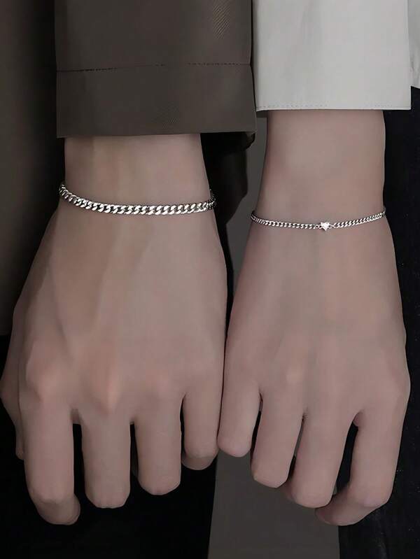 2pcs/Set Couple Heart Charm Bracelet, Exquisite Cuban Chain Hand Jewelry, Fashion Daily Accessory, Best Gift Choice