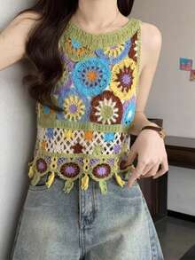 Women's Fashionable Retro Color Block Tasseled Knit Vest - Green - View 4