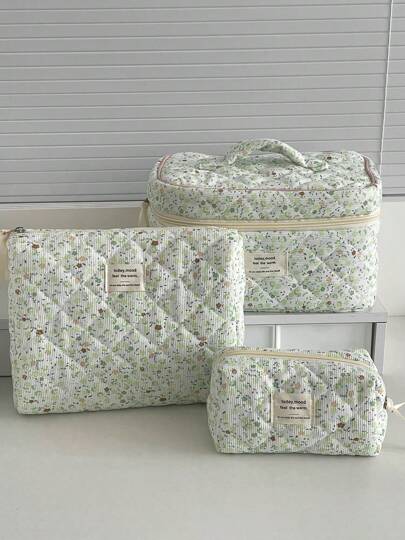 Soft Corduroy Ditsy Floral Cosmetic Bag/Makeup Bag/Toiletry Bag, Random Flower Print, Zipper Closure, Portable For Home/Travel, Suitable For Women