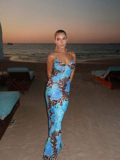 Herbst Damen sexy Bodycon Leoparden-Muster Maxikleid, blaues Blumen-Kontrastfarben rückenfrei Trägerkleid elegant Party Kleid, Damen sexy Lässig Party Club Abendkleid