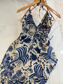 Long Dresses With 3D Print, Multicolored, New Model With Back Tie, Bare Back - Royal Blue - View 2