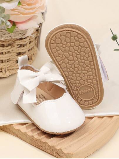 1 Pair Girls' Solid Color Bowknot PU Hook And Loop Design Flat Non-Slip Mary Jane Casual Princess Shoes, 0-1 Year Old Baby Toddler Shoes, Suitable For Spring Autumn