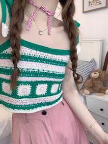 女士时尚雏菊刺绣镂空钩花细肩带上衣 - 墨綠色 - 查看 5