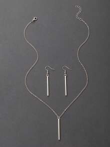 3pcs/Set Jewelry Set: 1pc One-Line Necklace, 1 Pair One-Line Earrings - Silver - View 1