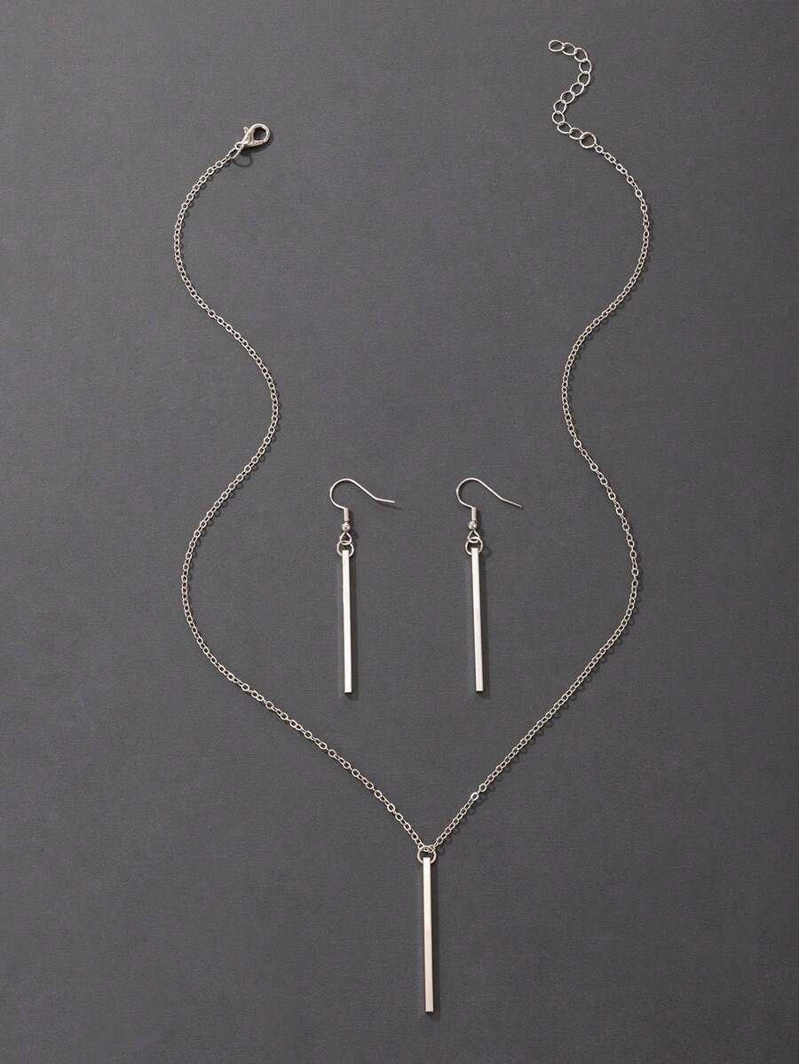3pcs/Set Jewelry Set: 1pc One-Line Necklace, 1 Pair One-Line Earrings - Silver - View 1