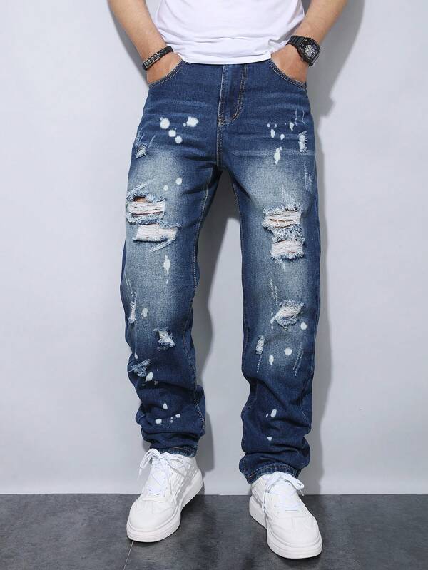 Pantalones vaqueros azul oscuro con lunares en forma de copo de nieve para hombre, estilo casual Ins, casual básico, pionero del estilo urbano de hip hop, ajuste universal/global