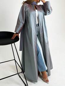 1pc Women Solid Simple Open Front Long Robe, Casual Fashion Elegant Satin Soft & Comfortable Modest Dress, Cardigan Abaya Middle East Arabic Dubai Modest Wear Suitable For Daily Gatherings, Outings And Festivals - Silver Gray - View 1