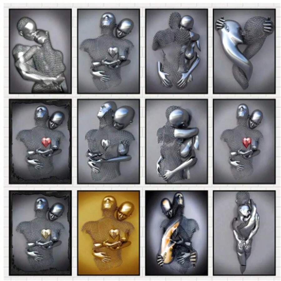 1 Pc Optional Frame Posters Wall Arts Pop Modern Metal Figure Statue Wall Art Canvas Painting Poster Abstract Romantic Couple Home Room Decor Mural Picture Print Artwork ,Wall Art With Frame
