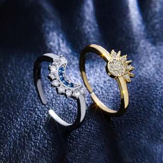 1set/2pcs Fashion Couple Adjustable Open Ring, Elegant & Luxurious Style, Golden Sun & Silver Moon Shaped Copper Inlaid Synthetic Zirconia, Suitable For Couples, Wedding & Everyday Use