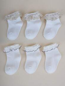 6 双白色蕾丝边袜子，透气柔软甜美时尚四季袜，学院风女婴舞蹈袜 - 白色 - 查看 1
