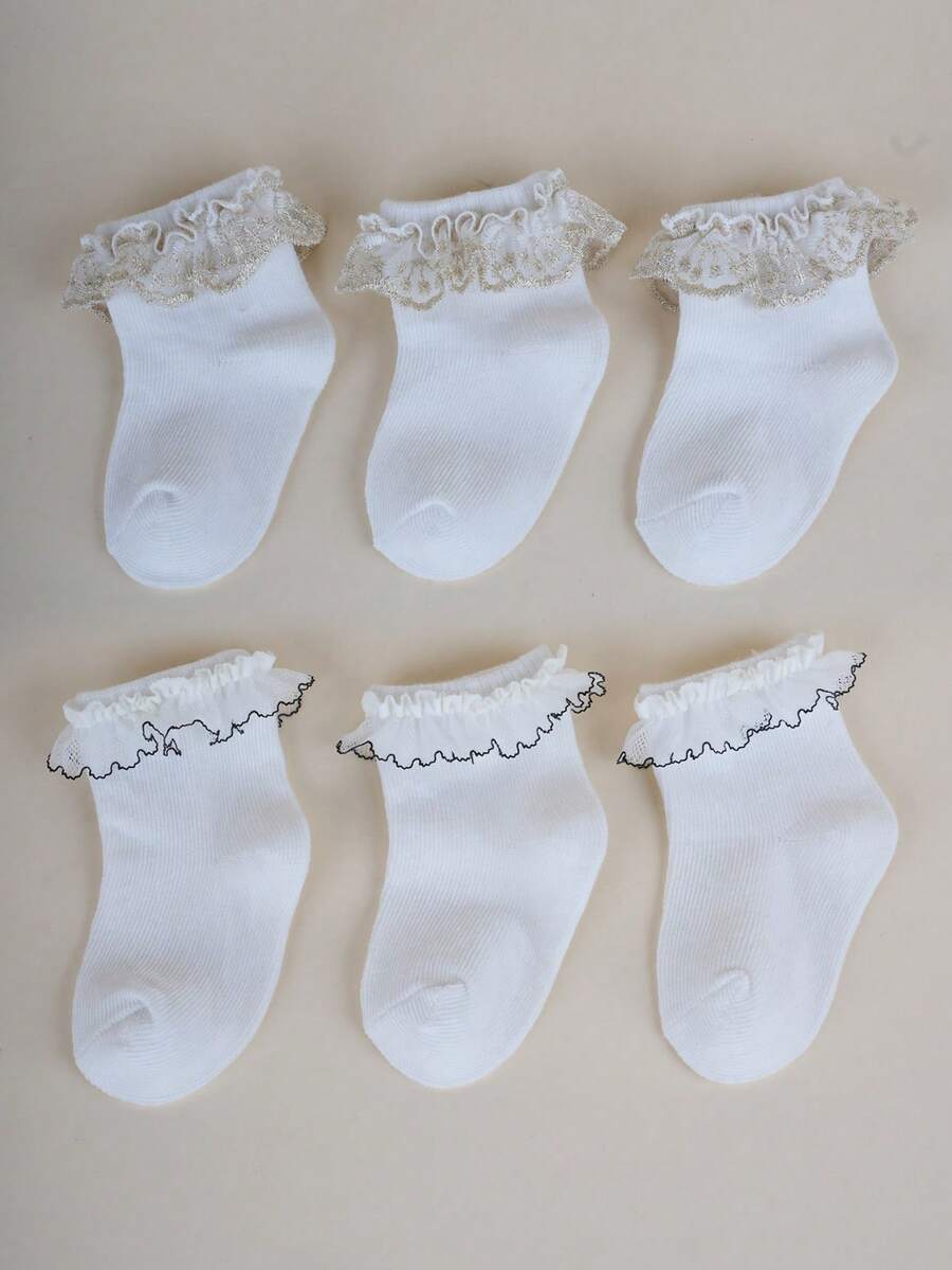 6 双白色蕾丝边袜子，透气柔软甜美时尚四季袜，学院风女婴舞蹈袜 - 白色 - 查看 1