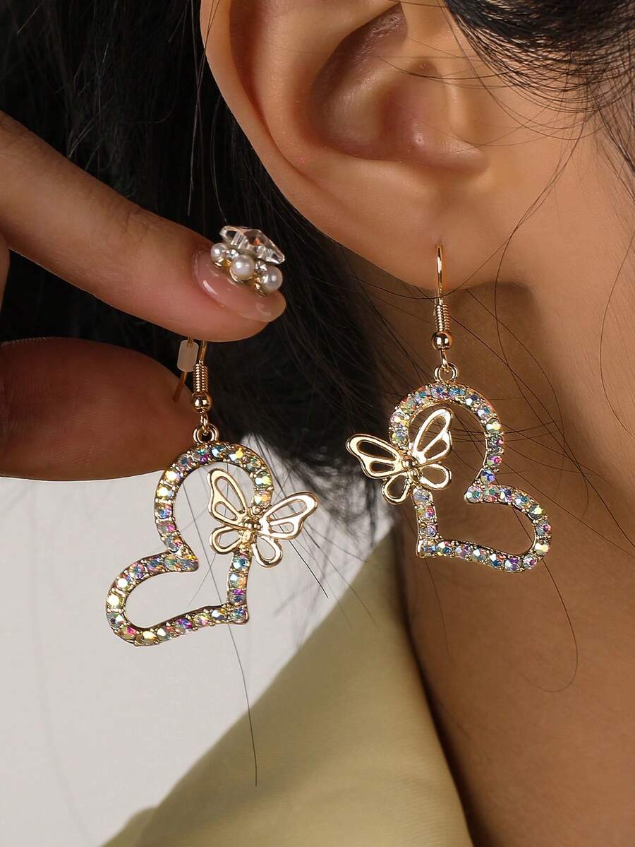 Fashionable Heart & Butterfly Colorful Glass Crystal Drop Earrings For Women - Earring - View 1