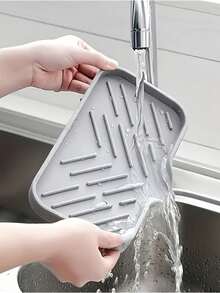 1pcSink Silicone Tray With Drain Soap Sponge Storage Holder Countertop Sink Scrubber Brush Soap Storage Rack Kitchen Organizer - Grey - View 6