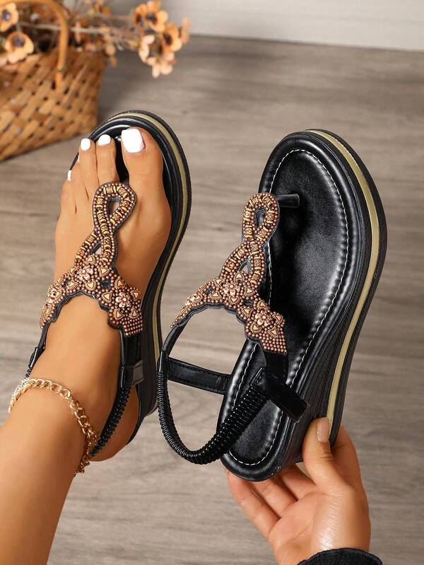 صنادل نسائية صيفية لأسلوب روماني بوهيمي رجعي بسيط كاجوال ذات كعب وردي وسادة خارجية