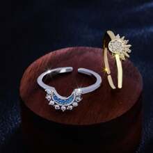 1 set/2 piezas Anillo abierto ajustable de moda para parejas, de estilo elegante y lujoso, con forma de sol dorado y luna plateada incrustada en cobre con circonita sintética, adecuado para parejas, boda y uso diario