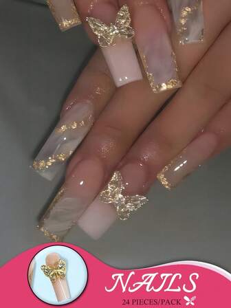 Explore The Beauty At Fingertips: 1 Set Of 24 Pieces Long Square Shaped Simple Nude Gold Stripe & Rhinestone & Butterfly Design False Nails Kit Including Jelly Glue And Nail File, Suitable For All Girls Press On Nails Nail Supplies
