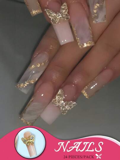 Explora la belleza al alcance de tus dedos: 1 set de 24 uñas postizas con diseño de rayas y mariposas doradas y pedrería, incluye pegamento y una lima para uñas. Adecuado para todas las chicas. Suministros de uñas prensadas uñas falsas uña falsa uña acrílica