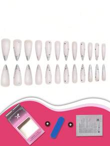 Y2K Hộp 24 móng tay nhọn dài, màu trắng với điểm nhấn màu bạc ánh kim, bộ móng tay giả kèm giũa móng và keo dán, phù hợp cho phụ nữ, thể hiện phong cách tương lai và thanh lịch, hoàn hảo cho các bữa tiệc và sự kiện trang trọng. Phụ kiện làm móng - Bạc - Xem 3